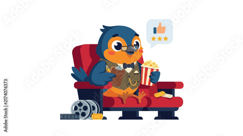 Cute Bird in Cinema Seat with Popcorn, Film Reel, and Rating Icons