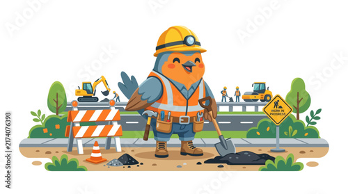 Cute Bird Construction Worker with Shovel and Hard Hat - Roadwork