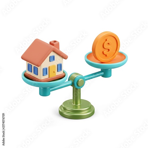 3D stylized house and dollar coin on balancing scales representing real estate property mortgage value