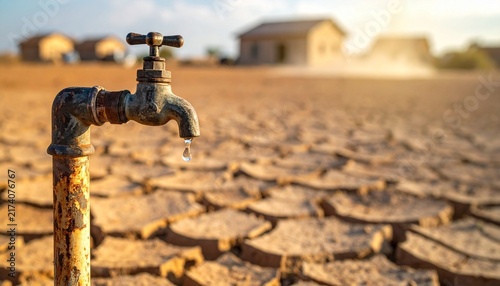 A rusty old tap with a single drop of water falling onto severely cracked, dry earth, symbolizing severe drought, climate change, and global water scarcity