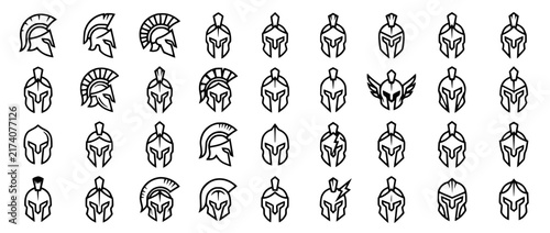 Set of Spartan Helmet Icons and Greek Warrior Headgear Symbols