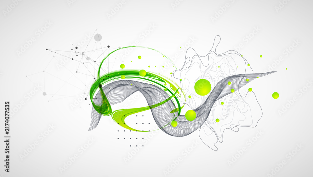 Naklejka premium Abstract background with fluid green shapes, wireframe 3D grid wave, topographic lines and plexus network