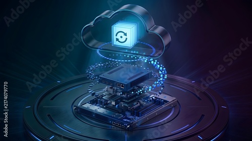 Tapety artystyczne Server hardware backup and disaster recovery system uploading data to secure cloud storage infrastructure on futuristic glowing pedestal