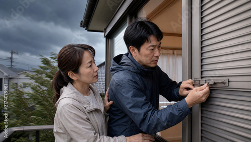 Obraz w ramie 台風接近前に雨戸の固定金具を点検する日本人夫婦