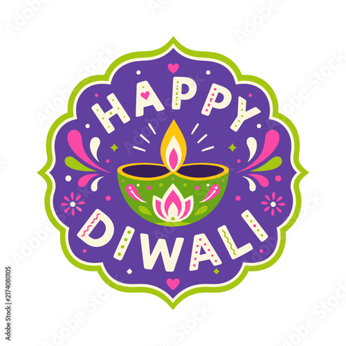 Happy Diwali Greeting Badge with Decorative Green Diya and Floral Mandala Ornaments Colorful Diwali Festival Emblem with Traditional Oil Lamp and Festive Indian Decoration