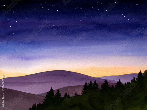 星空と夕焼けに染まる山並みの水彩画イラスト