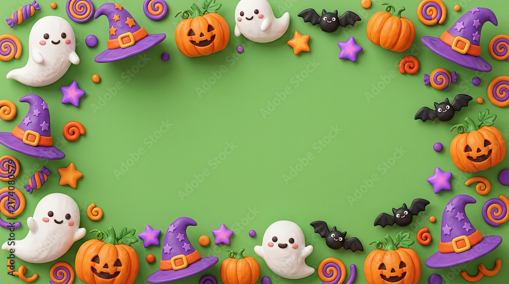 Fototapeta premium Cute Halloween frame with 3D clay icons, spooky ghost and pumpkin border on green background, festive holiday copy space