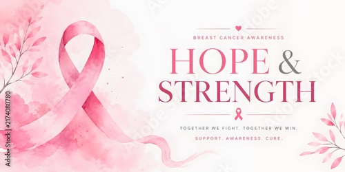 Breast cancer awareness banner with pink ribbon. Hope and strength typography on watercolor background. Medical support concept.