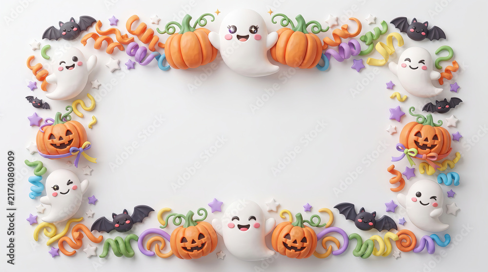 Naklejka premium Cute Halloween border with clay ghosts and pumpkins. Spooky holiday frame with 3D characters. Festive invitation background for kids party.