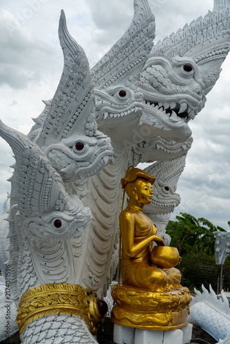 Fotografie Intricate Naga serpent sculpture with golden monk statue in Thailand