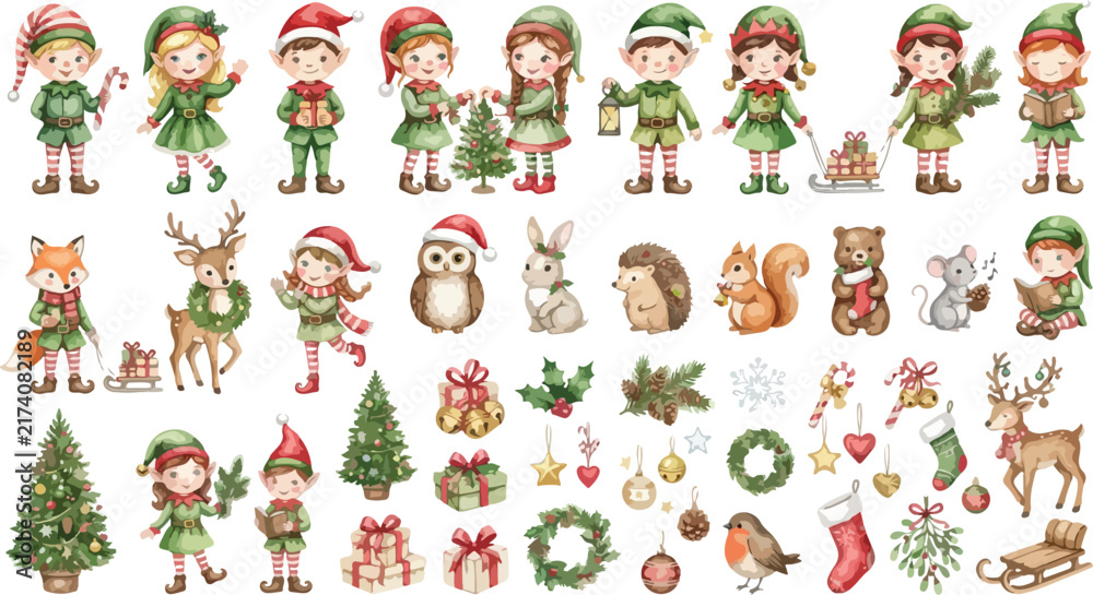 Fototapeta premium A festive collection of watercolor christmas elves and woodland animals with holiday decorations isolated on a white background for seasonal designs
