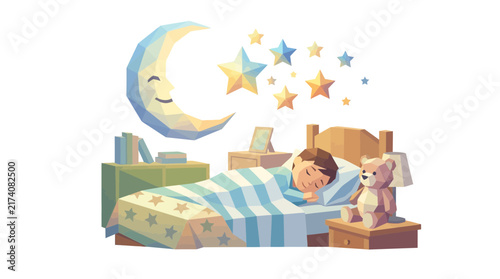 Bild auf Leinwand Child Sleeping Peacefully in Bed with Moon and Stars