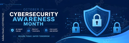 Cybersecurity Awareness Month banner, digital security shield with padlock icons, blue high-tech data protection background for October