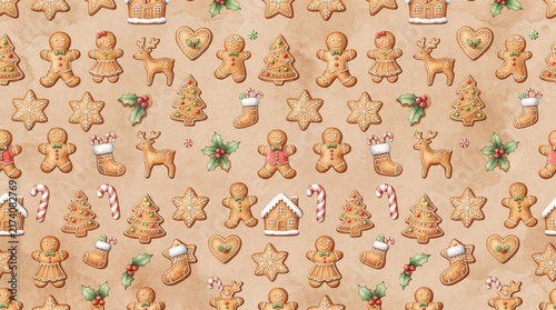 Cute Watercolor Gingerbread Cookies Seamless Pattern for Christmas and Winter 16:9 8k Realistic Portrait.
