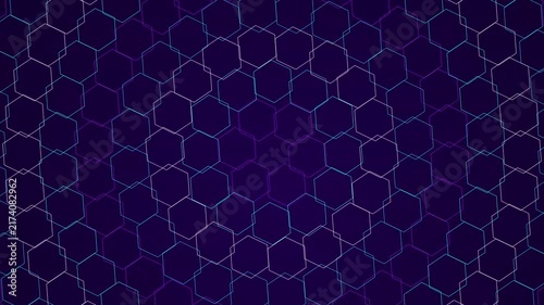Glowing neon hexagon patterns forming a complex honeycomb grid structure with interconnected lines and vibrant light