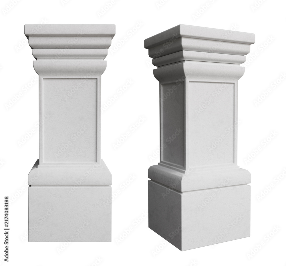 Obraz premium Classic white stone pillar pedestal and balustrade post mockup set from front and perspective views isolated on white background, 3d render
