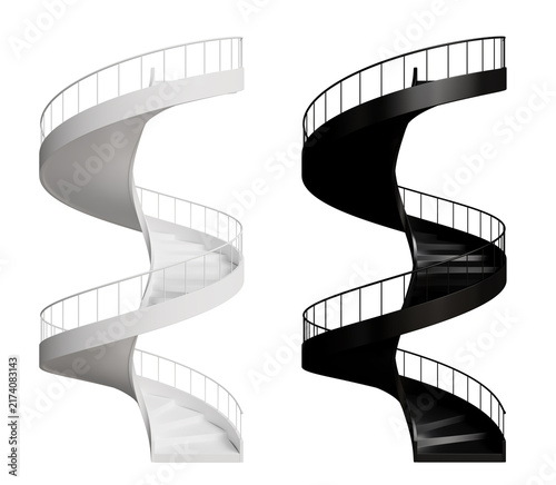 Modern white and black spiral staircase models with handrail side view isolated on white background, 3d render