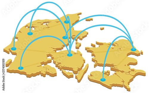 3D isometric map of Denmark with connected nodes and network arcs representing national telecommunications, logistics routes, and regional infrastructure (cut out)