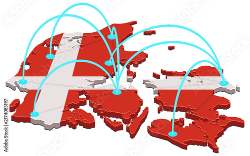 3D isometric map of Denmark with national flag, connected nodes, and network arcs representing telecommunications, logistics, and regional infrastructure (cut out)
