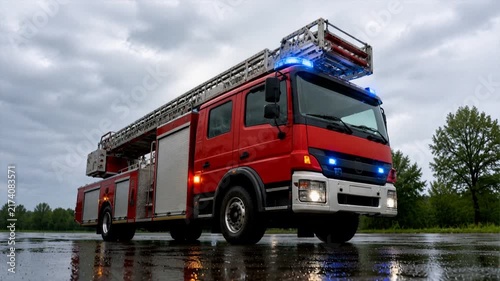 Modern red fire truck vehicle on standby for emergency rescue response