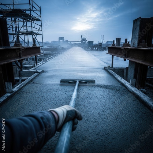 Construction Worker Smoothing Wet Concrete With Trowel Industrial Site