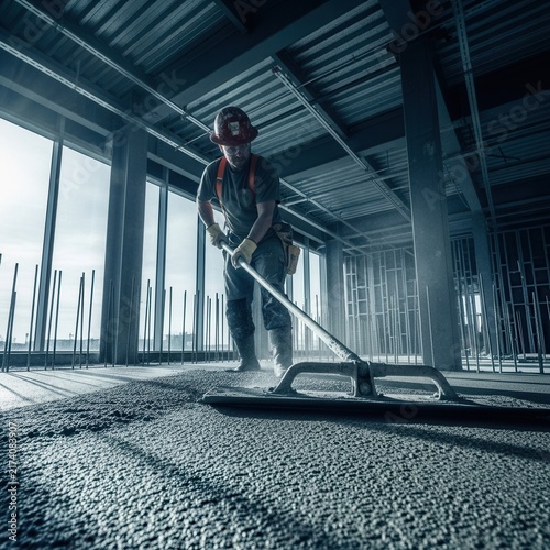 Construction Worker Smooths Concrete Floor During Building Development