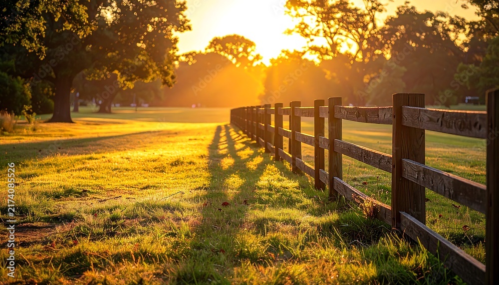 Obraz premium Golden Sunset Light Streaming Through Trees Along a Wooden Fence