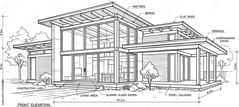 Fototapeta premium Architectural front elevation sketch of a modern post and beam house with technical structural annotations