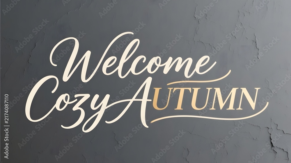Obraz premium Welcome Cozy Autumn elegant typography on dark stone background. Seasonal fall greeting text. Warm white calligraphy on slate texture.