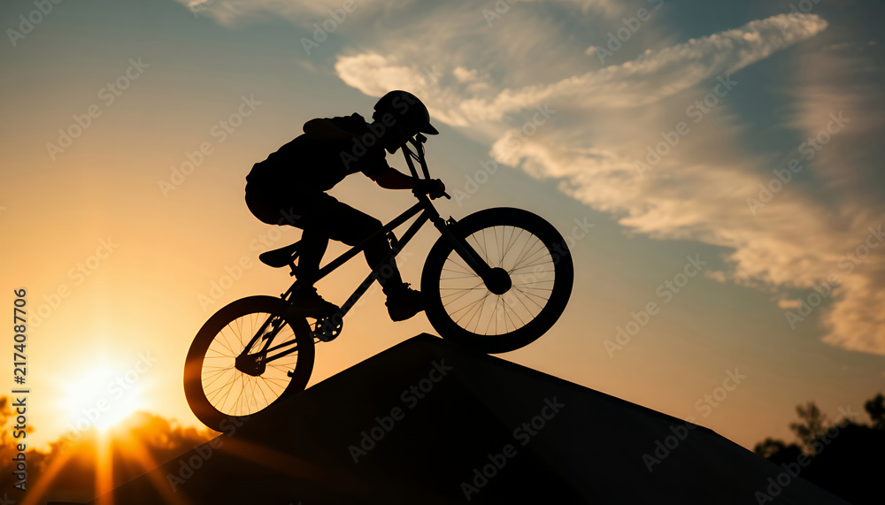 Fototapeta premium Silhouette of a cyclist riding a mountain bike on a ramp at sunset