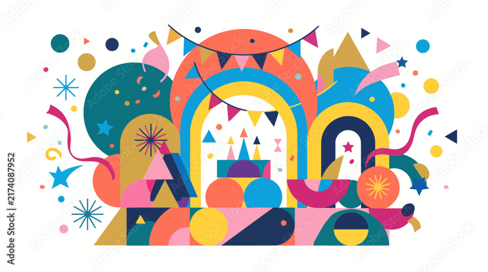 Fototapeta premium Festive geometric celebration vector illustration featuring vibrant abstract shapes colorful bunting banners and playful party confetti scattered throughout this modern graphic design composition 