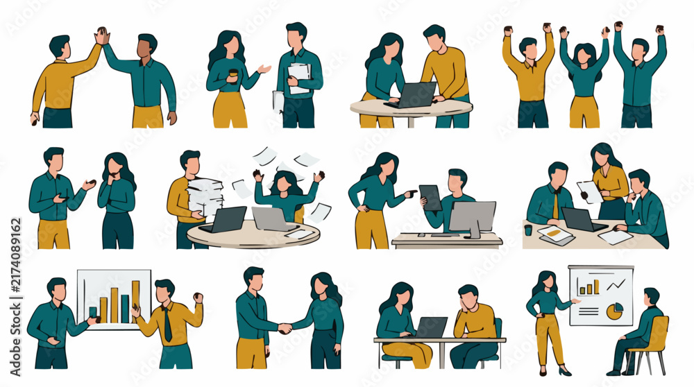 Fototapeta premium Business people working, collaborating, celebrating success, and problem-solving
