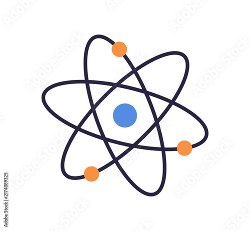 Obraz na plátně Atomic model with nucleus and electrons on orbital paths, science particle structure, physics energy symbol and educational scientific element flat illustration isolated on white background
