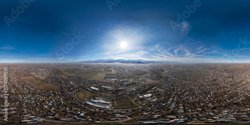 Aerial 360 VR Panorama of Kyrgyz Landscape with Mountains and City