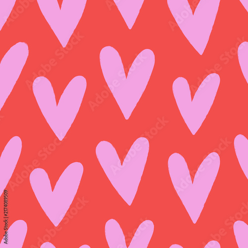 Heart seamless pattern, repeating romantic love background, simple hand drawn valentine texture for textile, wrapping paper, wallpaper and feminine fabric flat illustration.