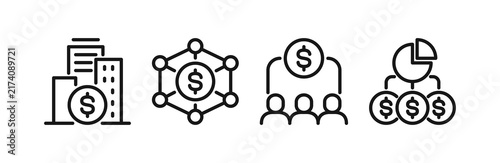 Set of black outline icons representing corporate structure, business network and financial management, organization hierarchy linear symbols illustration.