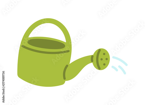 Green watering can with spout and handle, garden tool for plant care, gardening equipment concept flat illustration isolated on white background.