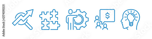 Business strategy and growth icon set. Solution finding, idea generation, corporate management and financial consulting symbols for teamwork concept illustration.