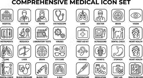 Health Checkup Line Icons Set - Vector Medical Research, Organs, Tests, and Doctor Symbols