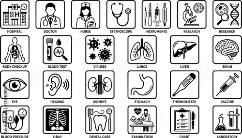 Health Checkup Line Icons Set - Vector Medical Research, Organs, Tests, and Doctor Symbols