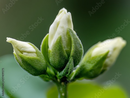 Close-up of pale green flower buds and textured leaves on a plant branch. Nature growth, botanical garden, spring flora and herbal plant concept.