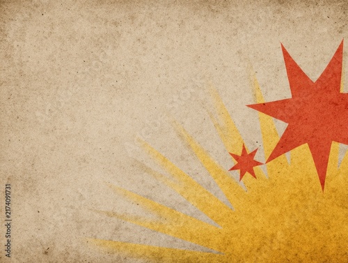 Vintage grunge red sunburst background with yellow stars. Retro patriotic, circus or military style texture and graphic design concept.