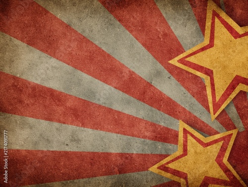 Vintage grunge red sunburst background with yellow stars. Retro patriotic, circus or military style texture and graphic design concept.