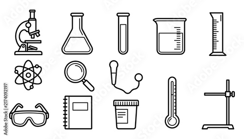 Bild auf Leinwand Laboratory Equipment Icons Set with Microscope, Beaker, Flask, and Test Tube