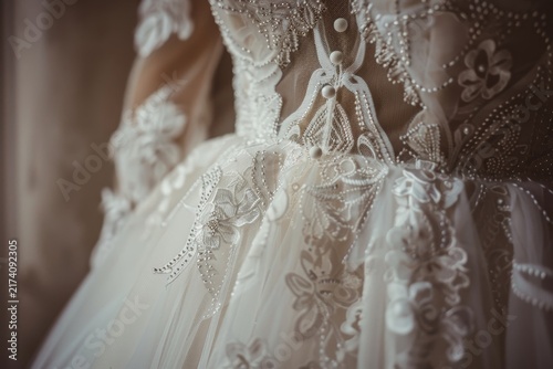 Elegant white lace wedding dress with deep V neckline and floral embroidery details. Bridal fashion, luxury texture and romantic ceremony concept.