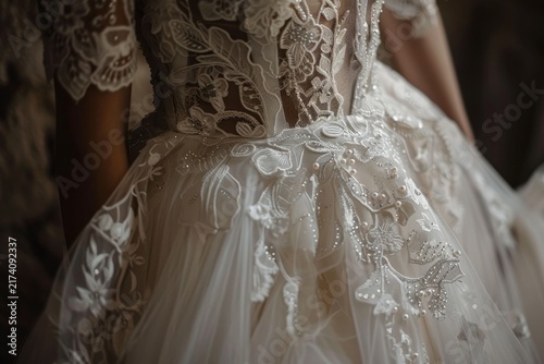 Elegant white lace wedding dress with deep V neckline and floral embroidery details. Bridal fashion, luxury texture and romantic ceremony concept.