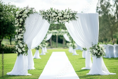 Outdoor wedding arch with white flowers and drapery on garden lawn, romantic ceremony and elegant event decor concept.