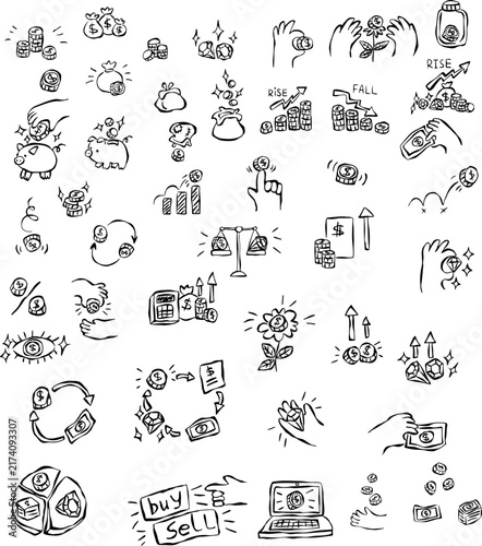 Minimal hand-drawn financial business infographic elements and UX UI doodle icons black lineart mega pack set with money outlines and economy metaphors.