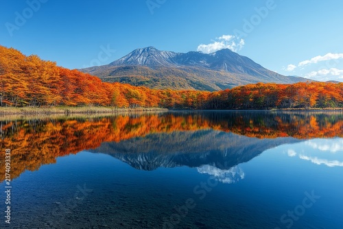 Autumn lake reflection with colorful forest and mountain, peaceful nature landscape and fall season scenery.