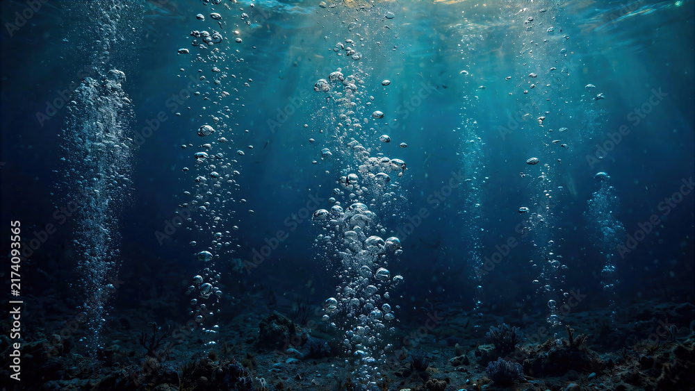 Naklejka premium Air bubbles rising through deep blue water